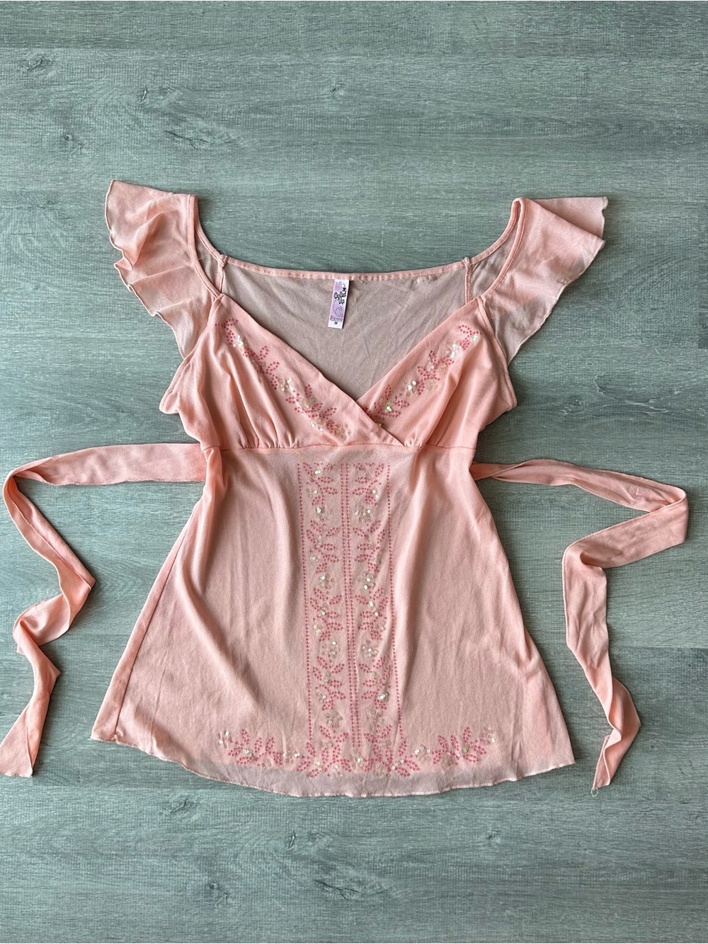 Dolled Up Peach Embellished Top with Sequins and Waist Tie Y2K Fairycore